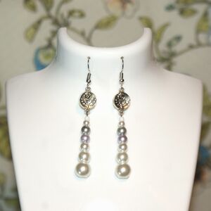 Silver and white faux pearl dangle earrings with flower detail ED-10-005